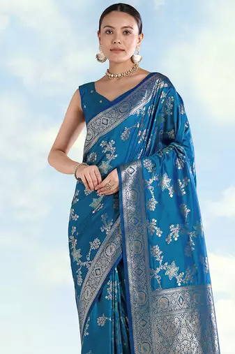 Teal blue banarasi silk blend zari woven saree with dupatta