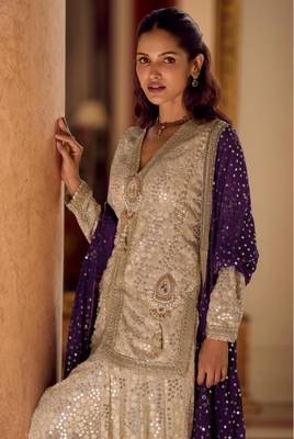 Cream Georgette Free Size Stitched Suit with embroidered Beats  1