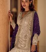 Cream Georgette Free Size Stitched Suit with Embroidery & Beats Work