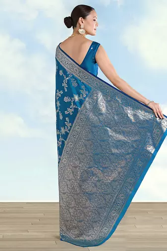 Teal blue banarasi silk blend zari woven saree with dupatta