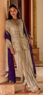 Cream Georgette Free Size Stitched Suit with embroidered Beats  3