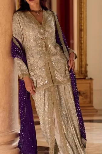 Cream Georgette Free Size Stitched Suit with embroidered Beats 