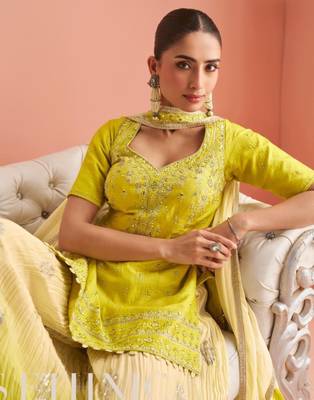Yellow Chinon Free Size Stitched Suit with Embroidery  2