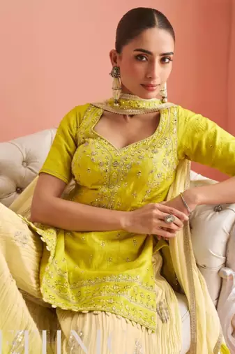 Yellow Chinon Free Size Stitched Suit with Embroidery 