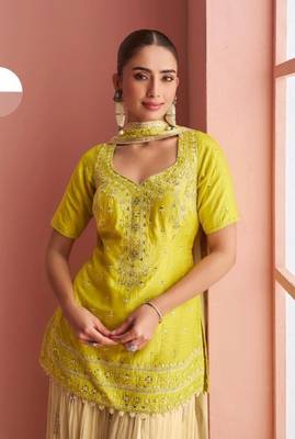 Yellow Chinon Free Size Stitched Suit with Embroidery  3