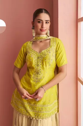 Yellow Chinon Free Size Stitched Suit with Embroidery 