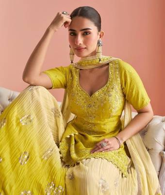 Yellow Chinon Free Size Stitched Suit with Embroidery  4