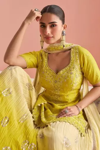 Yellow Chinon Free Size Stitched Suit with Embroidery 