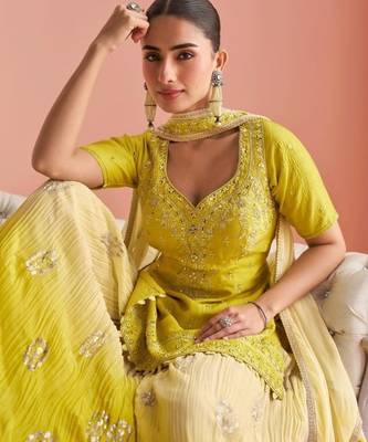 Yellow Chinon Free Size Stitched Suit with Embroidery  5