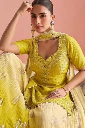 Yellow Chinon Free Size Stitched Suit with Embroidery 