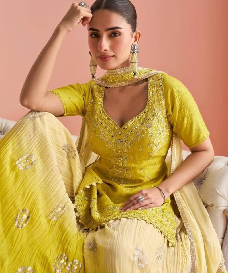 Chinon free size stitched suit with embroidery work