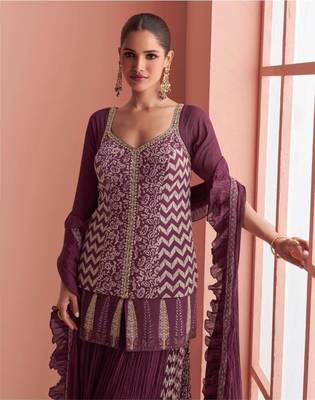 Purple Chinon Free Size Stitched Suit with Embroidery  3