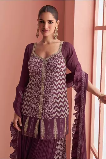 Purple Chinon Free Size Stitched Suit with Embroidery 