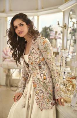 Off White Silk Free Size Stitched Suit with Embroidery  2