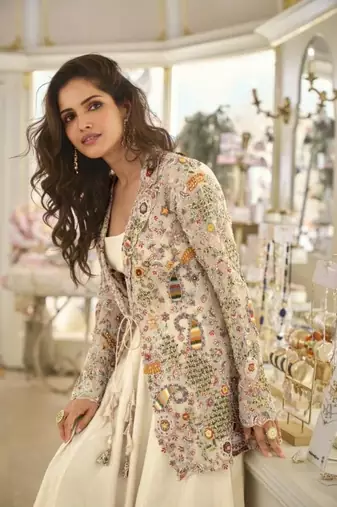 Off White Silk Free Size Stitched Suit with Embroidery 