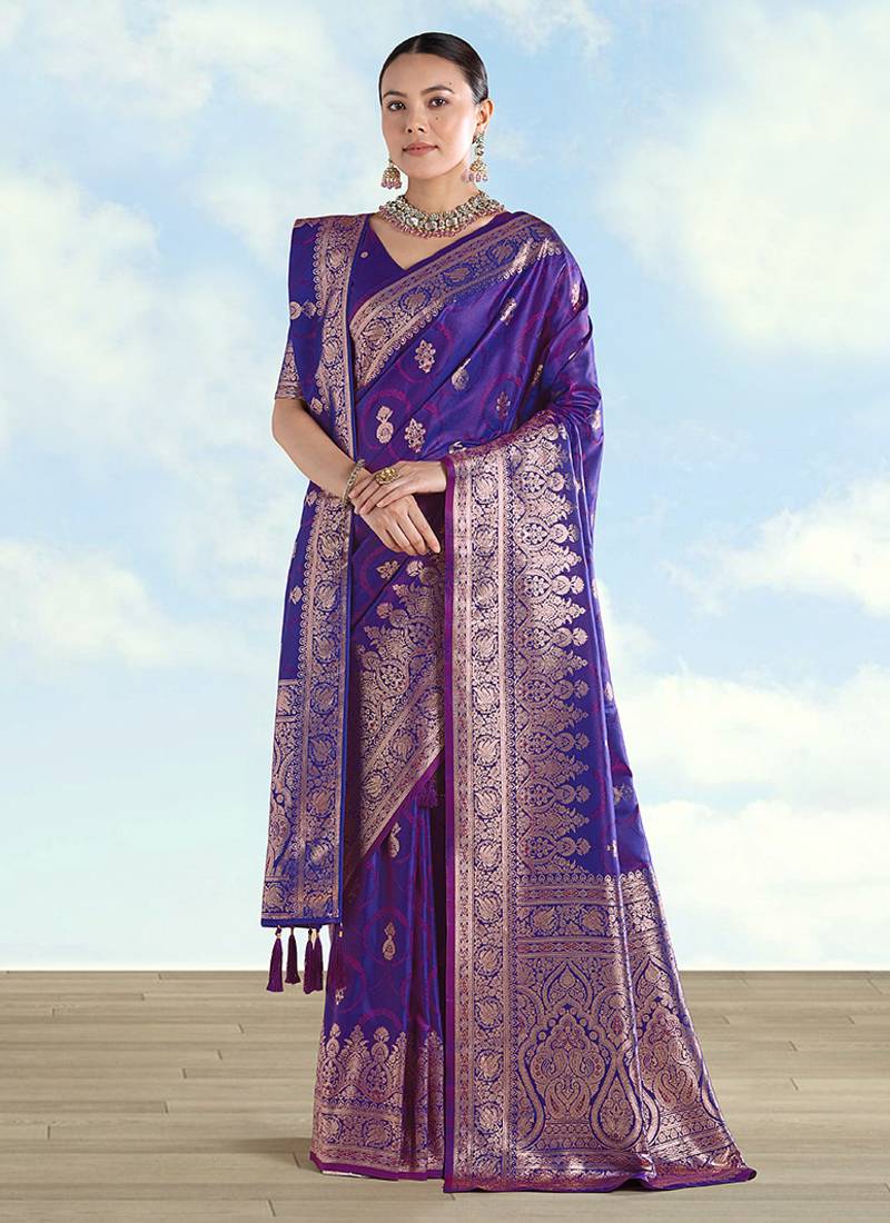 Purple banarasi silk zari woven saree with dupatta