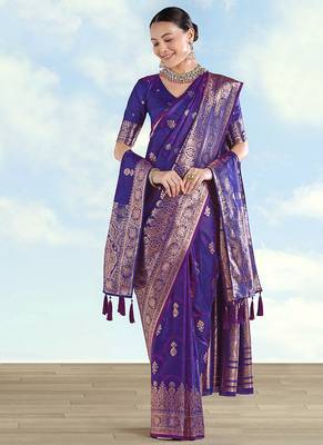 Purple banarasi silk blend zari woven saree with dupatta 2