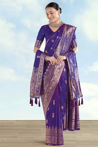 Purple banarasi silk blend zari woven saree with dupatta
