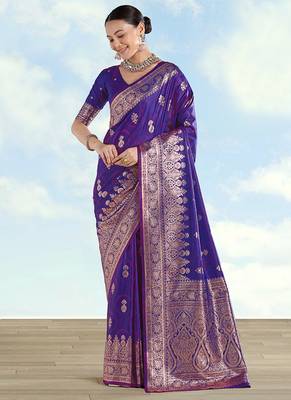 Purple banarasi silk blend zari woven saree with dupatta 3