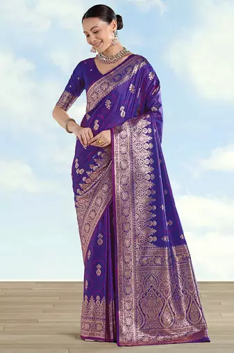Purple banarasi silk blend zari woven saree with dupatta