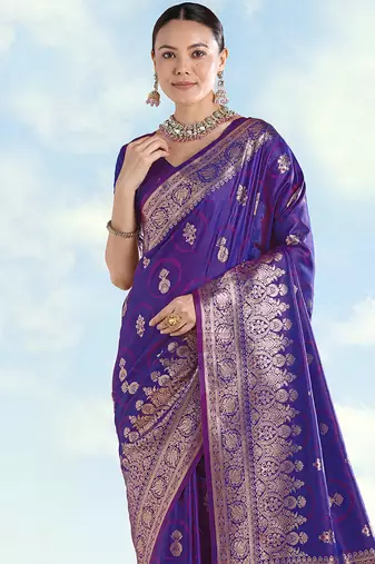 Purple banarasi silk blend zari woven saree with dupatta