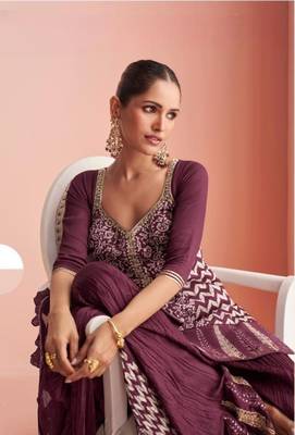 Purple Chinon Free Size Stitched Suit with Embroidery  4