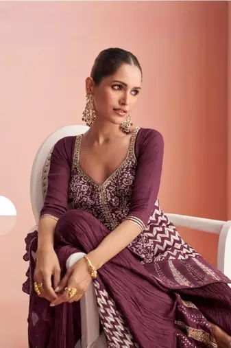 Purple Chinon Free Size Stitched Suit with Embroidery 