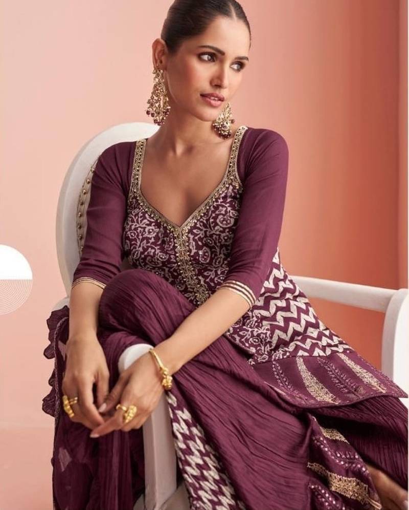 Chinon free size stitched suit with embroidery work
