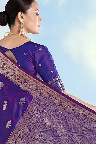 Purple banarasi silk blend zari woven saree with dupatta