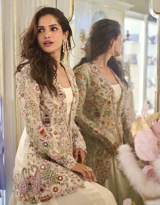 Off White Silk Free Size Stitched Suit with Embroidery  3