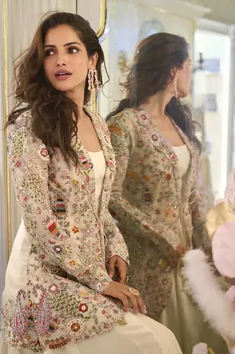 Off White Silk Free Size Stitched Suit with Embroidery 