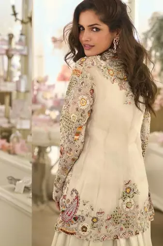 Off White Silk Free Size Stitched Suit with Embroidery 