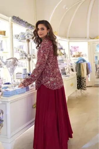 Maroon Silk Free Size Stitched Suit with Embroidery 