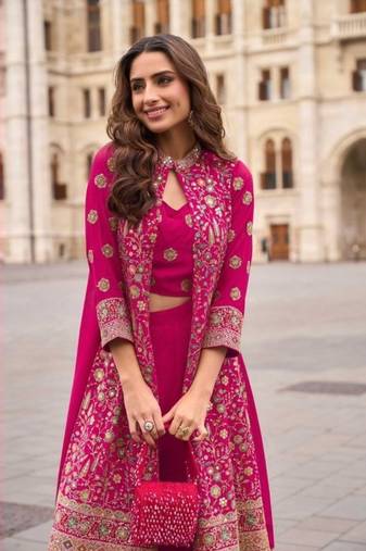 Georgette free size stitched suit with embroidery & beats work