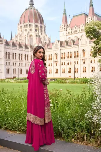 Magenta Georgette Free Size Stitched Suit with embroidered Beats 