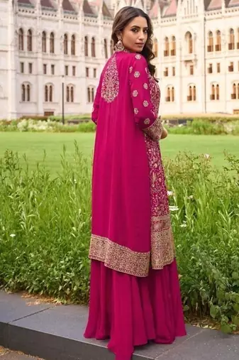 Magenta Georgette Free Size Stitched Suit with embroidered Beats 