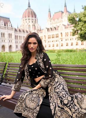Black Georgette Free Size Stitched Suit with embroidered Beats  2
