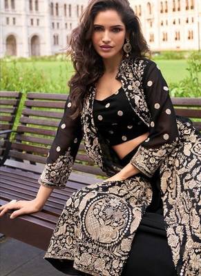 Black Georgette Free Size Stitched Suit with embroidered Beats  3