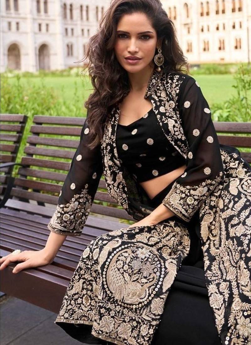 Georgette free size stitched suit with embroidery & beats work