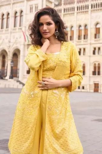 Yellow Georgette Free Size Stitched Suit with embroidered Beats 