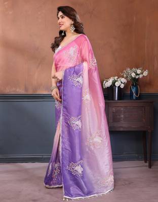 Women Poly Georgette Embroidery Sequence Bird Work Saree 2