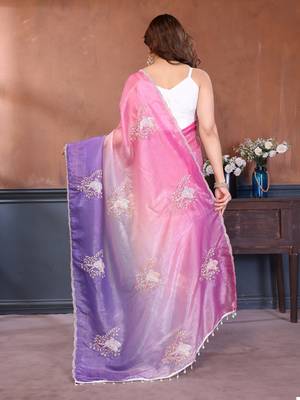 Women Poly Georgette Embroidery Sequence Bird Work Saree 3