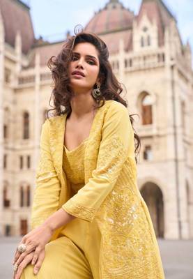 Yellow Georgette Free Size Stitched Suit with embroidered Beats  3