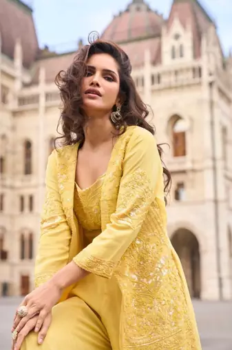 Yellow Georgette Free Size Stitched Suit with embroidered Beats 