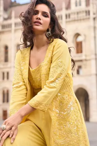 Yellow Georgette Free Size Stitched Suit with embroidered Beats 