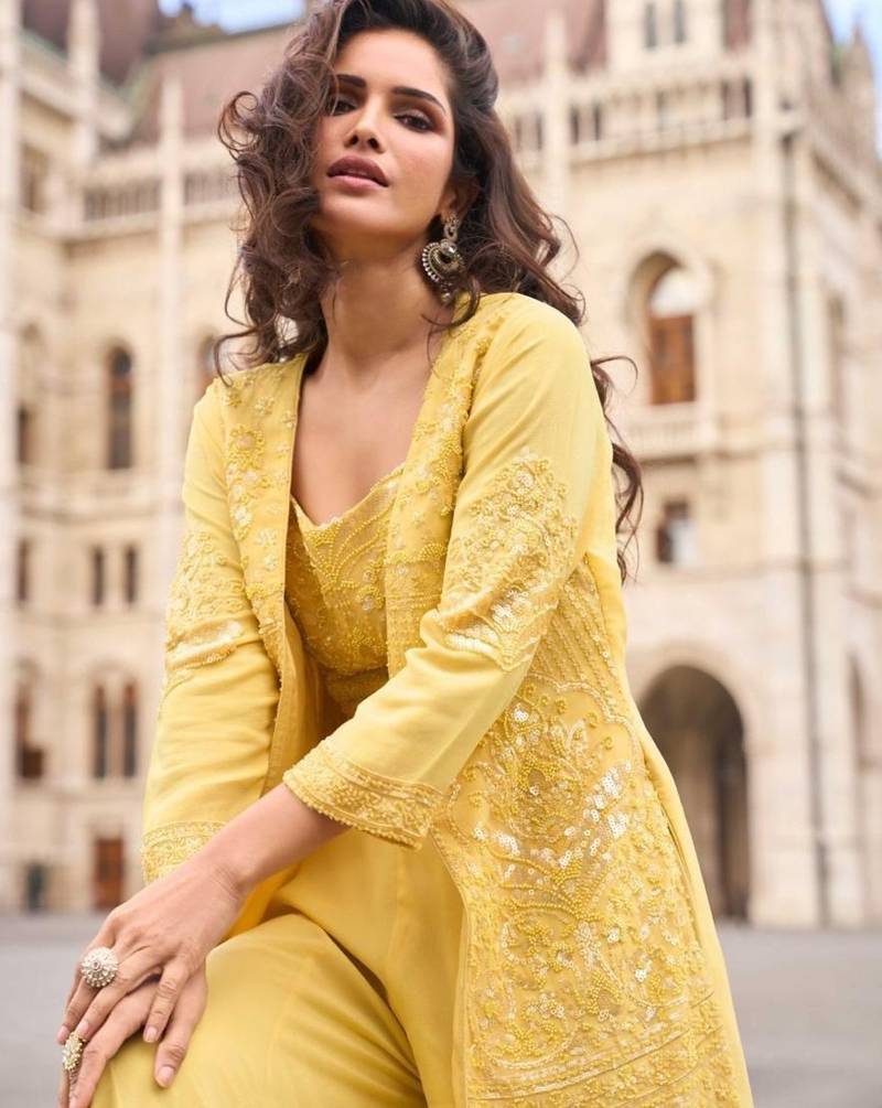 Georgette free size stitched suit with embroidery & beats work