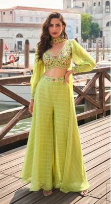 Green Silk Free Size Stitched Suit with Embroidery  4