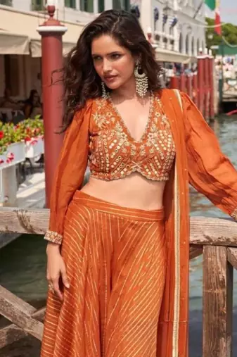 Orange Silk Free Size Stitched Suit with Embroidery 