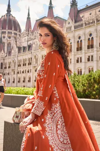 Orange Silk Free Size Stitched Suit with Embroidery 