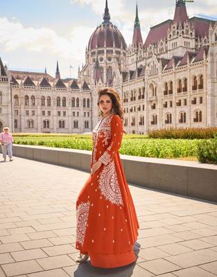 Orange Silk Free Size Stitched Suit with Embroidery  3